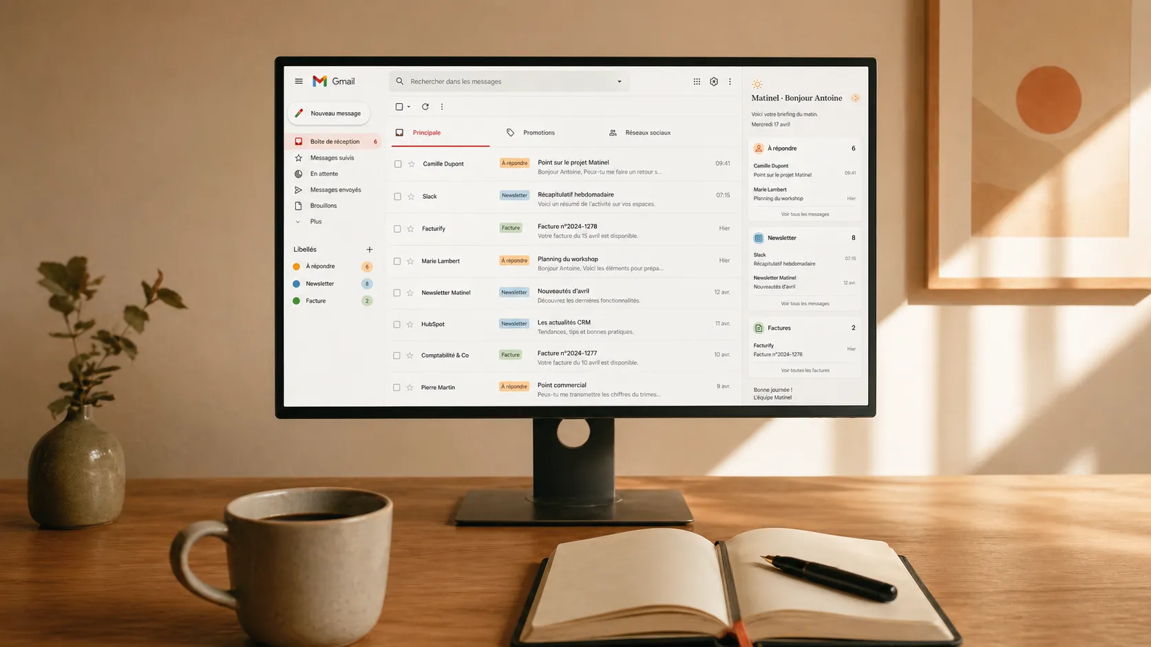 Démo de Matinel : Gmail s'ouvre, les brouillons rédigés par Matinel apparaissent, l'utilisateur les envoie.