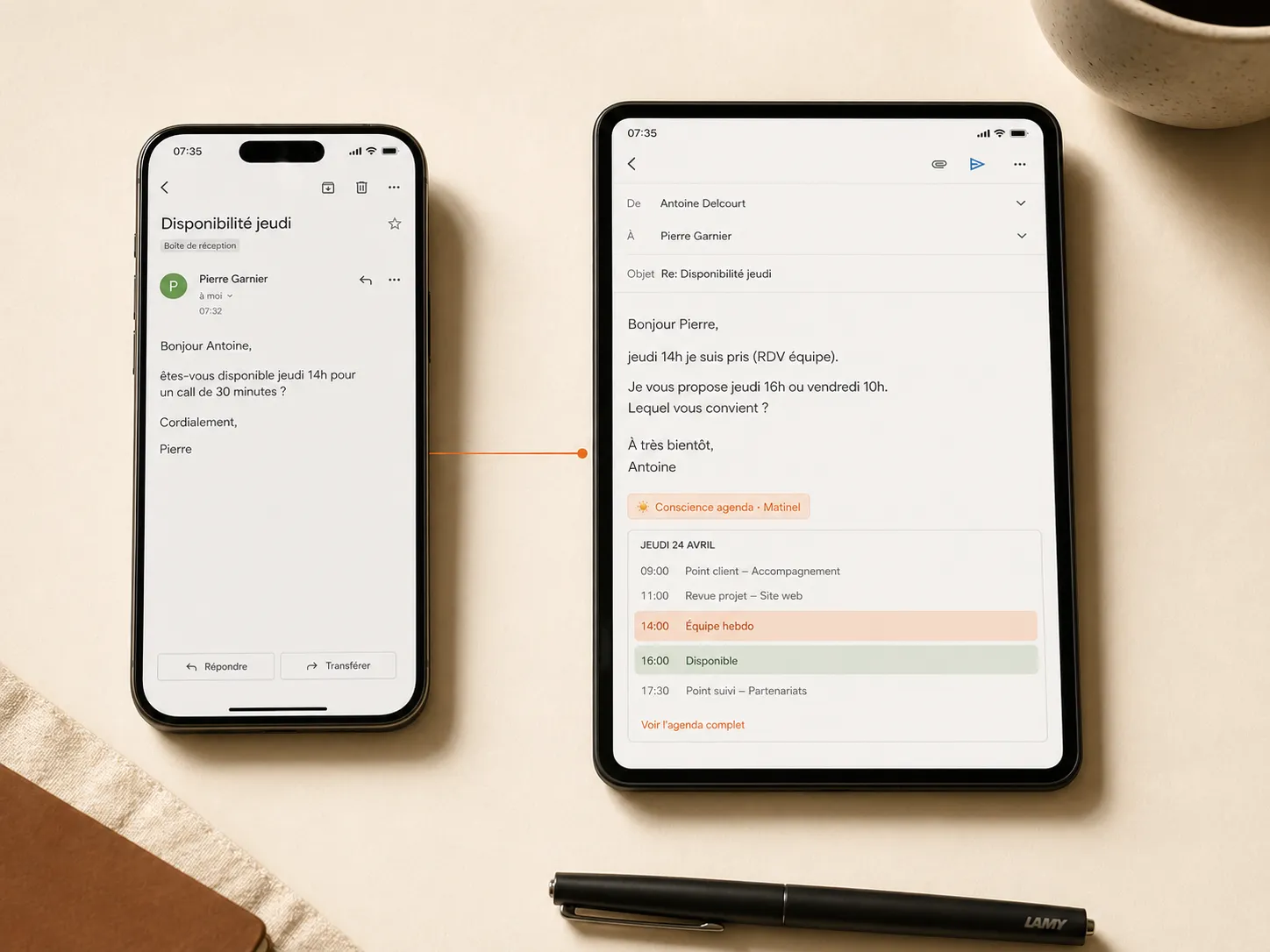 Brouillon proposant des créneaux libres réels tirés de l'agenda.
