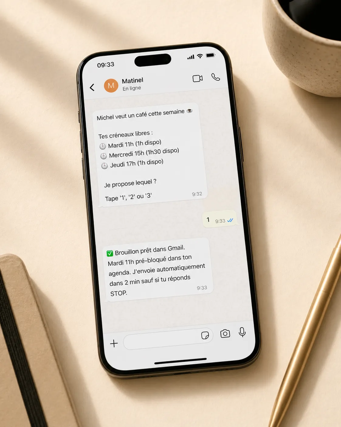 Conversation WhatsApp : Matinel propose trois créneaux, l'utilisateur répond « 1 », le rendez-vous est pris.