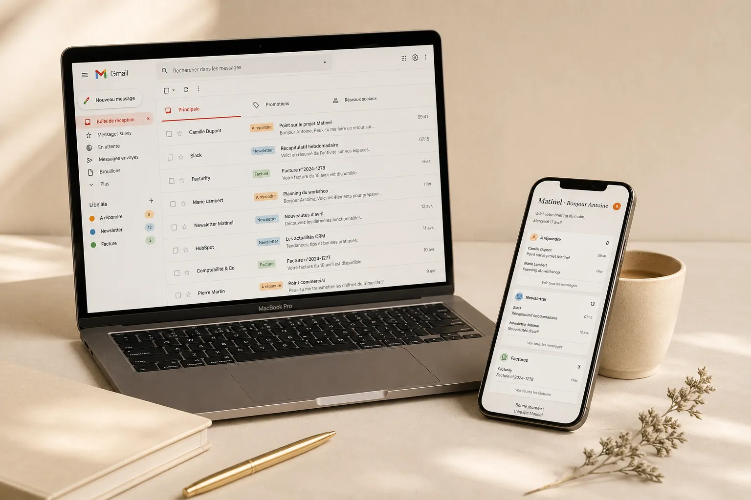 Aperçu de Matinel : boîte Gmail avec brouillons prêts à gauche, briefing matinel sur mobile à droite.
